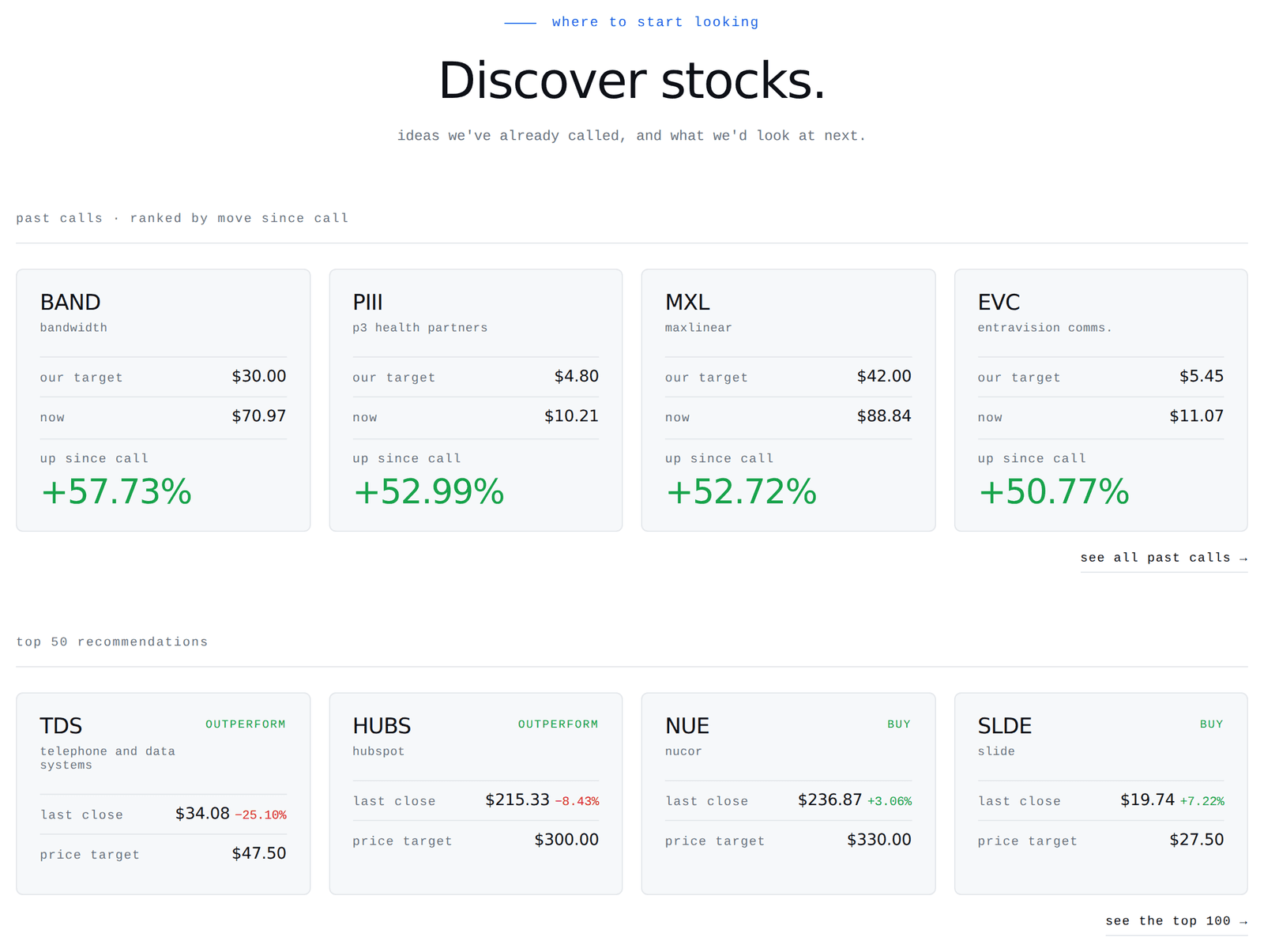 Illustrative Discover feed — past calls and top recommendations